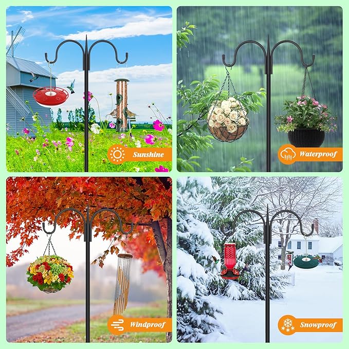 FEED GARDEN Adjustable Double Shepherds Hook for Outdoor with 5 Prong Base 76 Inch Heavy Duty Two Sided Bird Feeder Pole for Hanging Plant Baskets, Solar Light Lanterns, Wind Chimes