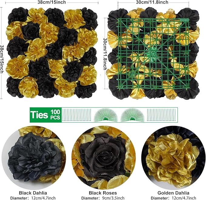 Artificial Flower Panels Rose Black Gold 15 * 15inch -12Pack 3D Floral Wall Backdrop for Party Stage Event Party Gothic Live Streaming Photography Anniversary Background Arrangement Decor