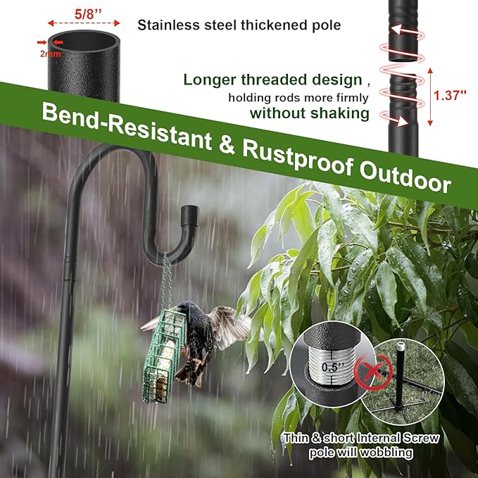 Bird Feeder Pole with Shepherds Hook - Heavy Duty Hummingbird Feeder Stand with 5 Prong,78" Adjustable Rustproof Garden Hooks Outdoor for Hanging Birdfeeder,Wind Chimes,Lanterns,Solar Lights,Black