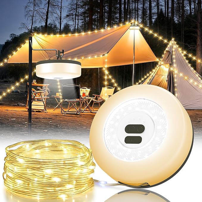 Camping String Lights, 4 in 1 Quick Storage 32.8FT Rechargeable Tent Lights with 6 Modes Hanging Waterproof Camp Lamp Camping Essentials for AwnTent Hiking Yard Garden Bedroom Festival -Warm White