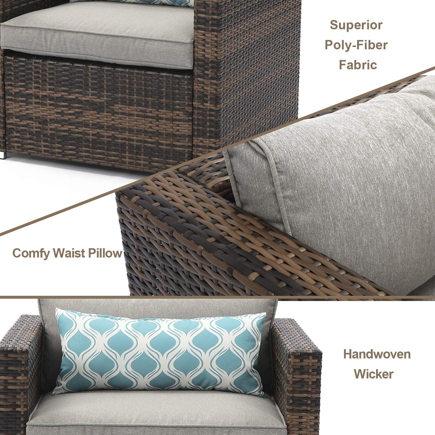 COSIEST 5-Piece Faux Brown Propane Fire Pit Outdoor Furniture Brown Chairs, Warm Gray Wicker Thick Cushion Sofa w 32-inch Square Propane Fire Table (50,000 BTU) for Garden, Pool, Backyard