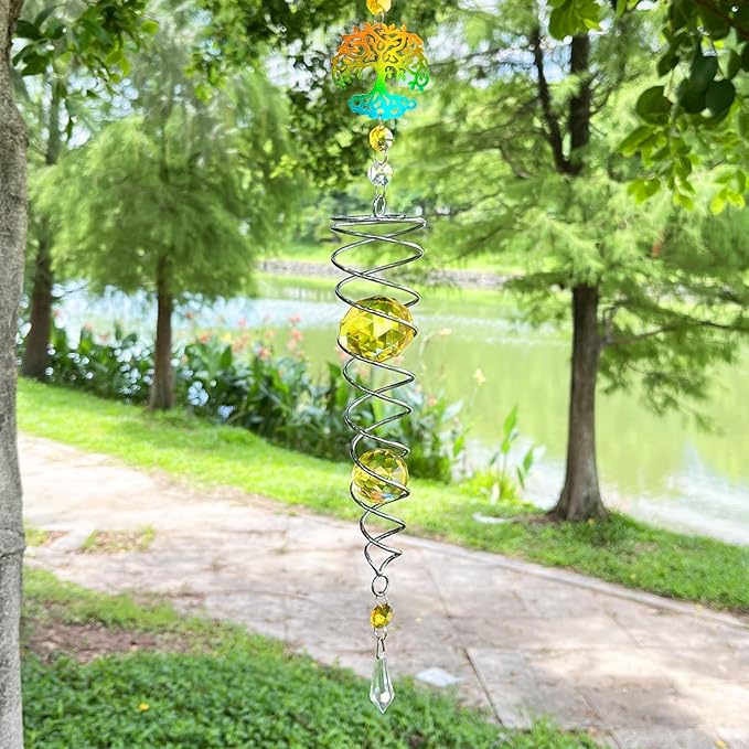 FONMY Tree of Life Gazing Ball Spiral Wind Spinner Sun Catcher Rainbow Maker Silver Spiral W/Golden K9 Crystal Ball Tree Hanging Ornament Indoor Outdoor Garden Decor. 19.5inch H