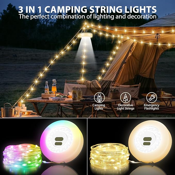 Camping String Lights, 4 in 1 Quick Storage Camping Essentials Gear 32.8FT Rechargeable Tent Lights with 9 Modes Hanging Waterproof LED Camp Lamp for Camping Hiking Patio Garden Festival -Warm +RGB