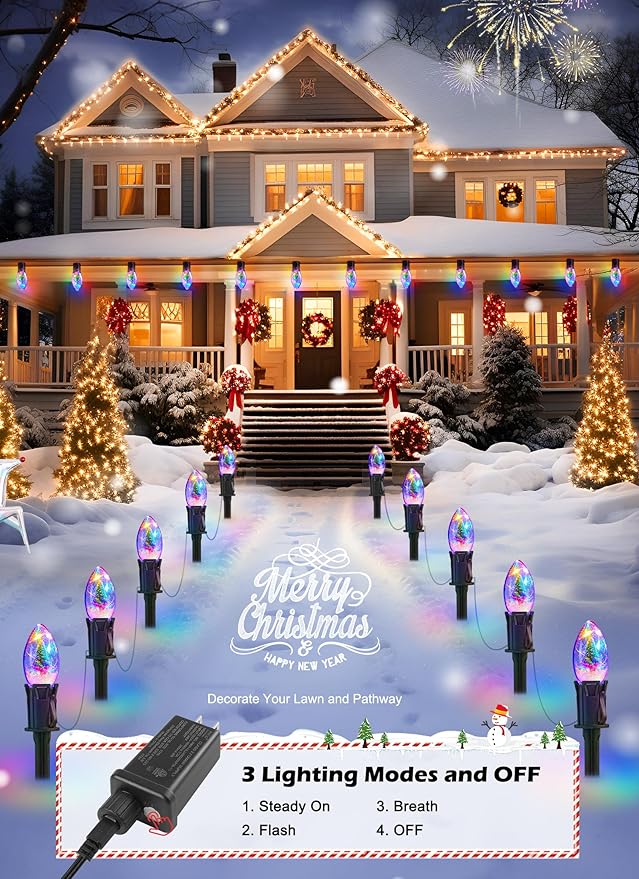 C9 Christmas Pathway Lights Outdoor, 25Ft 20 LED Christmas String Lights with Stakes, 4 Light Modes, Waterproof Connectable Christmas Decorations for Outside Lawn Yard Sidewalk Driveway, Multicolor