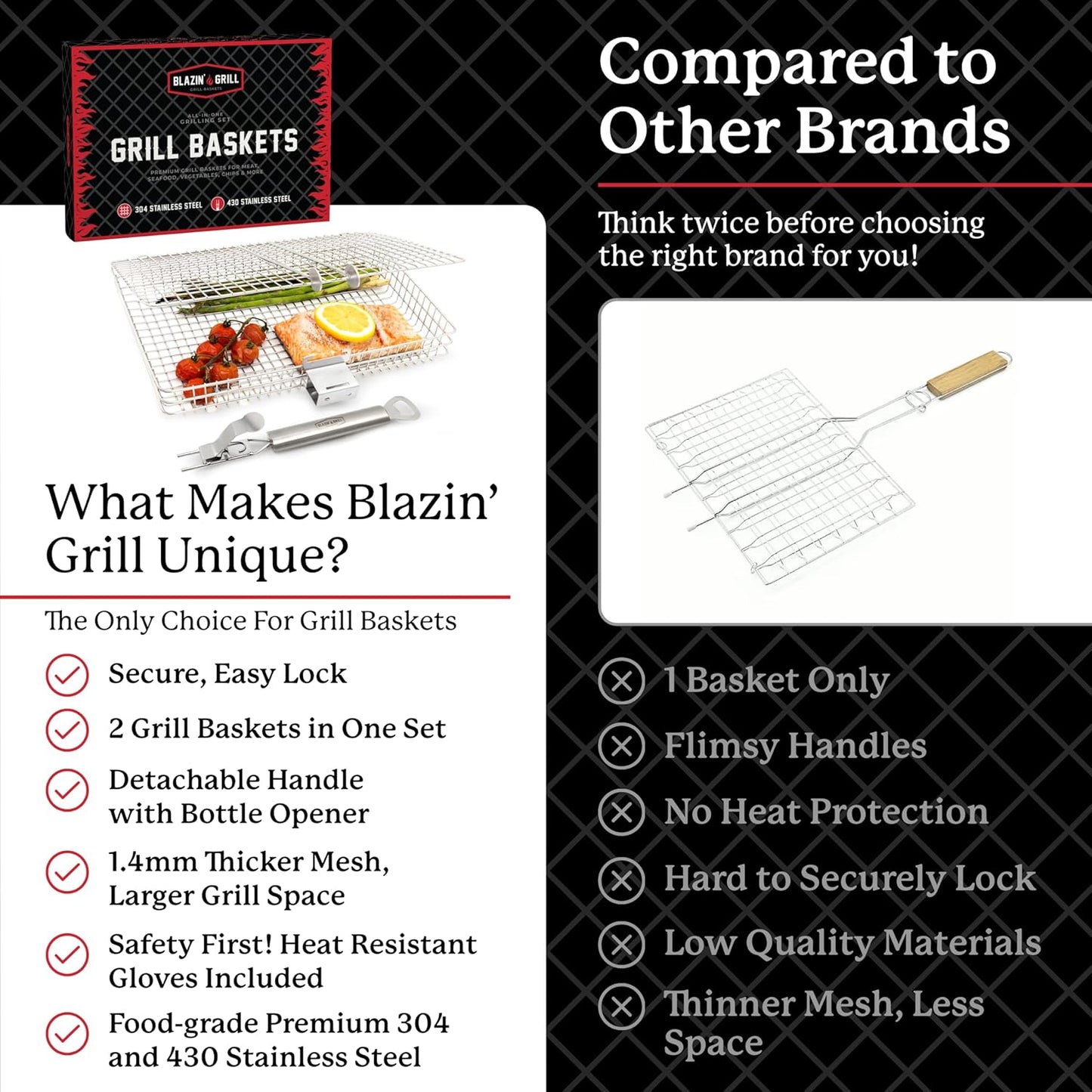 BLAZIN' GRILL Baskets for Outdoor Grill | 2 Grilling Baskets with Detachable Handle | Barbecue Grill Set with BBQ Gloves | Portable Camping Net Rack Perfect for Vegetables, Seafood & Meat