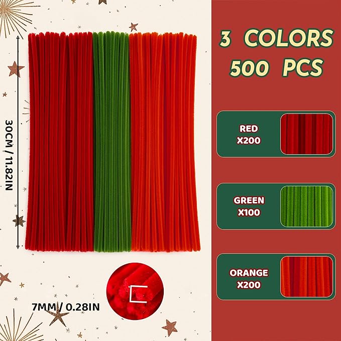 500Pcs Special Poinsettia Pipe Cleaners Craft Kit, All-in-One DIY Christmas Flower Making Supplies with Chenille Stems, Floral Wire, Floral Tape, Stamen, Ribbon for Holiday Decorations
