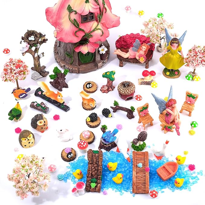 93 Pcs Fairy Garden House Resin Accessories Fairy Elves Kit Miniature Fairy Figurines Ornaments Fairy Animals Decor Outdoor for DIY Dollhouse