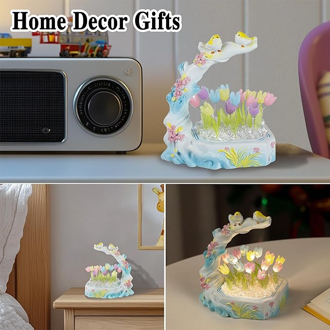 Handmade Tulip Flower Lamp for Womens Gifts, Resin Decorative and Bird, Best Christmas Anniversary Birthday Gifts, Perfect Ideal for Bedroom Ambiance Charming(Tulip)
