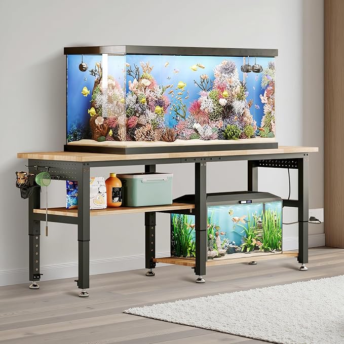 Albott 84" Adjustable 2-Tier Workbench with Solid Wood Top, Max 2000lbs Capacity, Built-in Power Strip with 4 AC Outlets & 2 USB Ports, Pegboard & 20 Hooks, Shop Garage Office