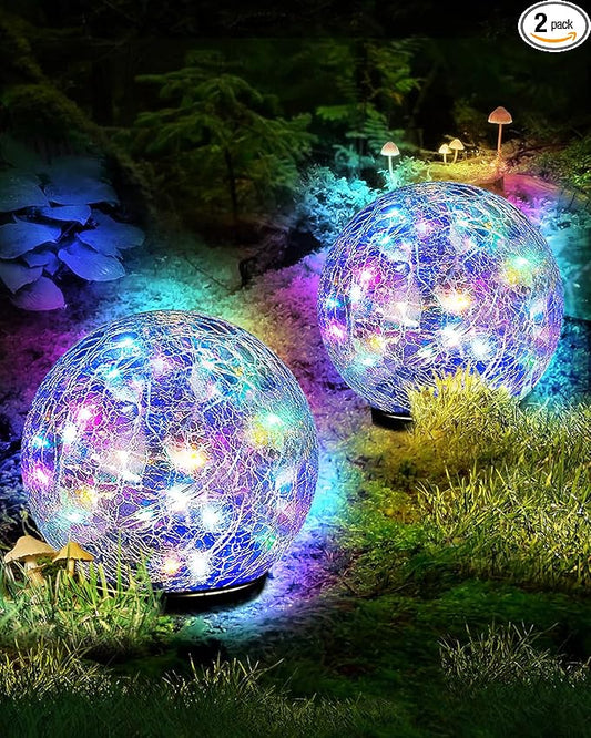 Garden Solar Ball Lights Outdoor Waterproof, 50 LED Cracked Glass Globe Solar Power Ground Lights for Path Yard Patio Lawn, Outdoor Decoration Landscape Colorful(2 Pack 4.7'')