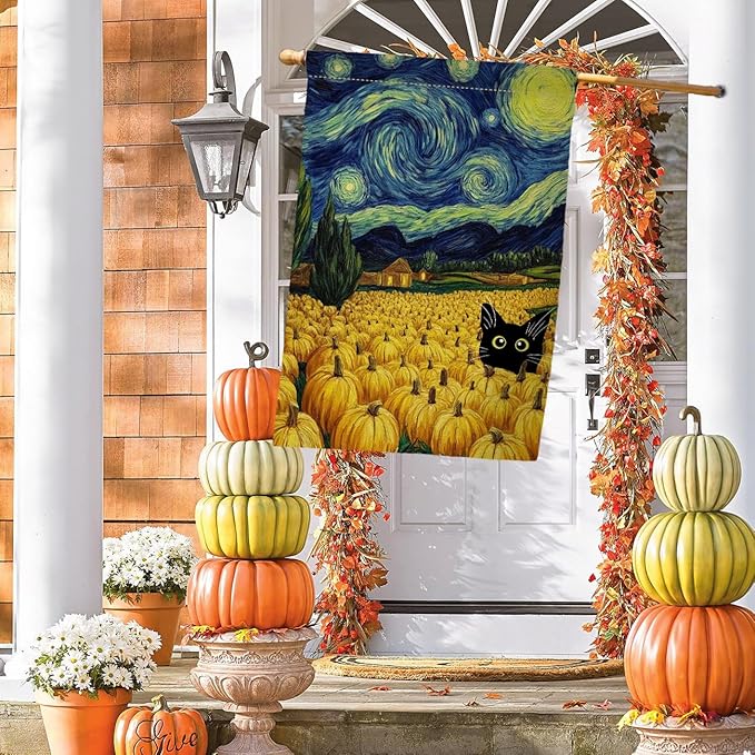 BLKWHT Fall Pumpkin Cat House Flag 28x40 Vertical Double Sided Blue Sky Autumn Thanksgiving Holiday Outside Decorations Burlap Yard Flag BW825-40
