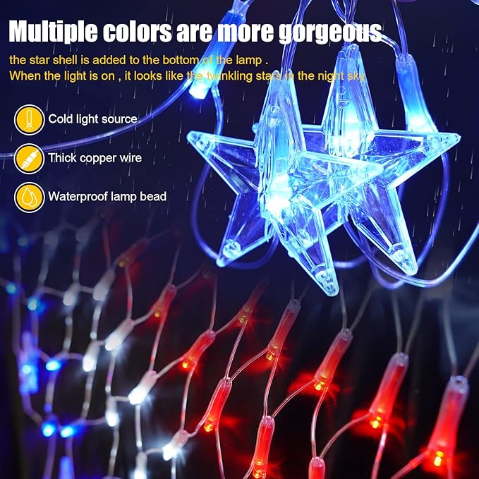 Family Patriotic American Flag String Lights - 250 LED Half Fan Shaped Outdoor Waterproof Lights, 4th of July Decorations, Independence Day, Memorial Day, USA 2pcs