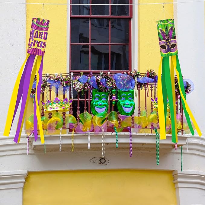 EBaokuup 4 Pcs Mardi Gras Wind Sock,41.3 Inch Mardi Gras Spinners Windsock,Purple Yellow Green Decor Windsock for Home Yard Party Mardi Gras Outdoor Decoration