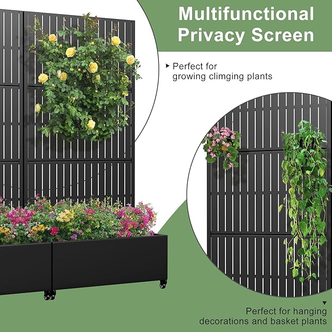 Casaphoria Metal Raised Garden Bed with Trellis and Wheels, 72"x35"x16" Planter Box for Climbing Plants, Vegetables & Vines, Features Drainage Holes and Privacy Screen (Black-Fence)