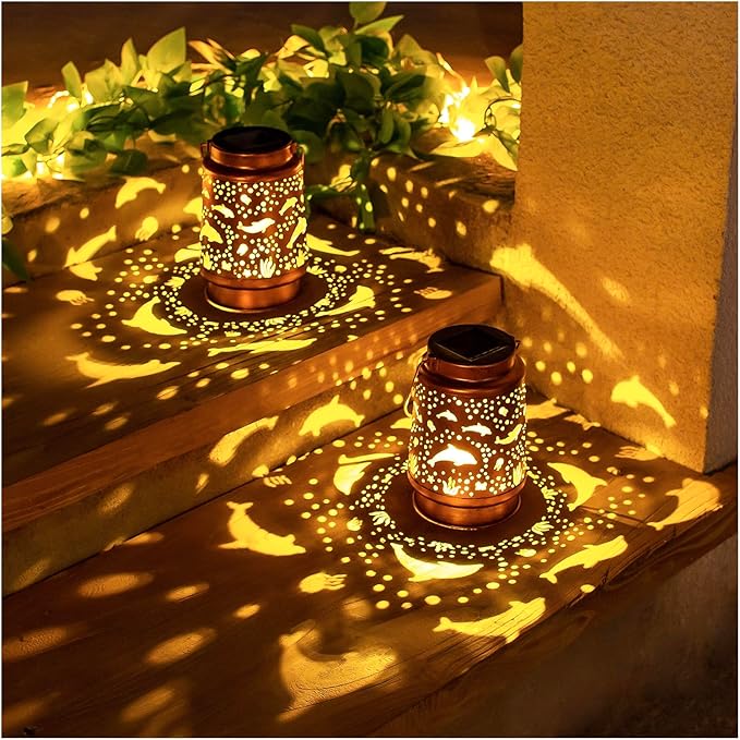 Dolphin Solar Lanterns Outdoor Waterproof Hanging Solar Lights Dolphin Gifts for Women Men Metal Decorative LED Dolphin Lanterns for Garden Decor,Yard,Patio,Lawn,Tabletop,Pathway,Landscape