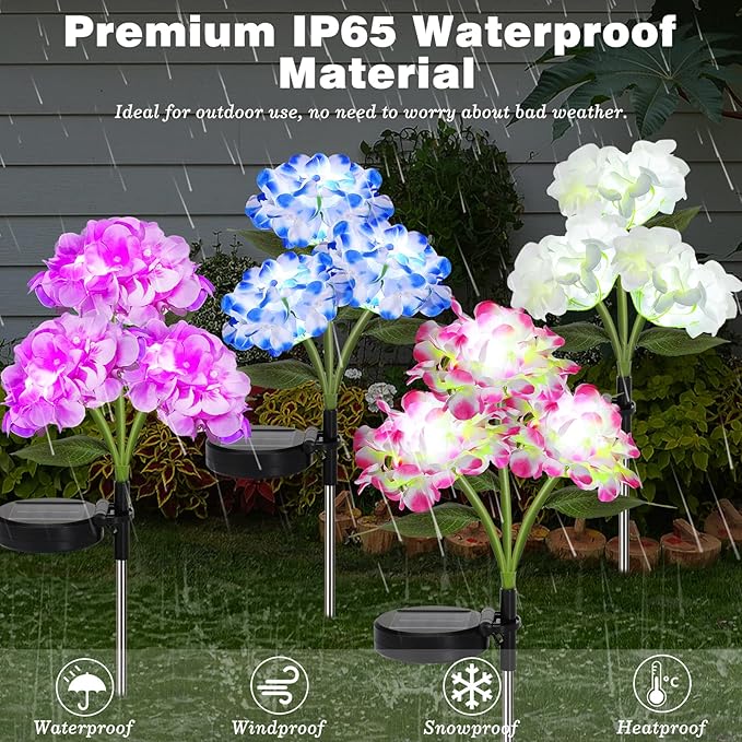 4 Pack Solar Garden Lights, Solar Flowers Lights with 4 Blooming Hydrangea Flowers, Waterproof Solar Lights Outdoor for Yard Porch Patio Backyard Pathway Gardening, 2 Lighting Modes, Colorful