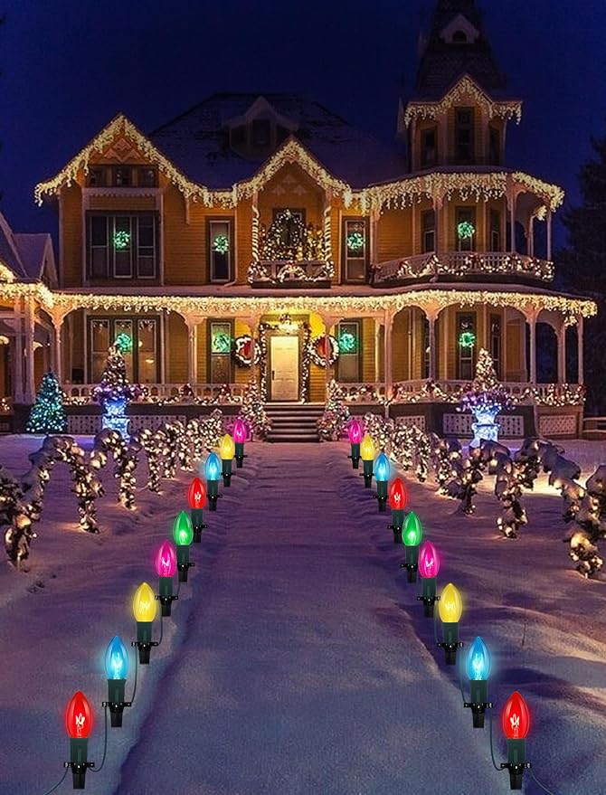 C9 Christmas Pathway Lights Outdoor, 38Ft Outdoor Christmas Decorations with 25 C9 Multicolor Bulbs Christmas Stakes Lights, Connectable Christmas Walkway Lights for Outside Yard Lawn Sidewalk Garden