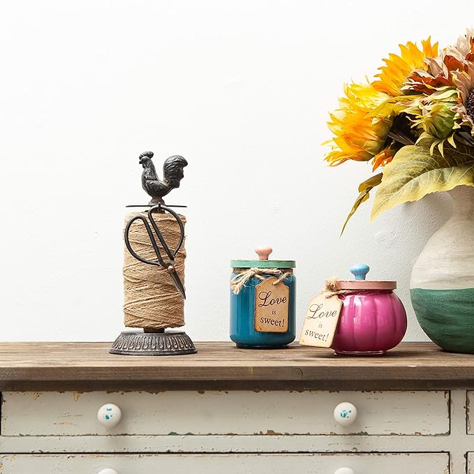 SOFFEE DESIGN Vintage Jute Twine Spool and Scissors Holder for Garden Farmhouse Kitchen Antique Twine and Scissors Set Black Rooster