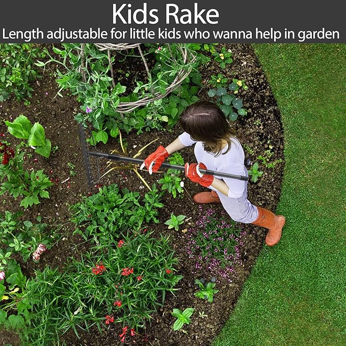 Bow Rakes for Lawns, 17 Prongs 17" Wide Heavy Duty Metal Garden Rake Long Handle 50", Adjustable Rock Yard Thatch Rake for Leaves Gardening Loosening Soil Mulch Gathering Leaf