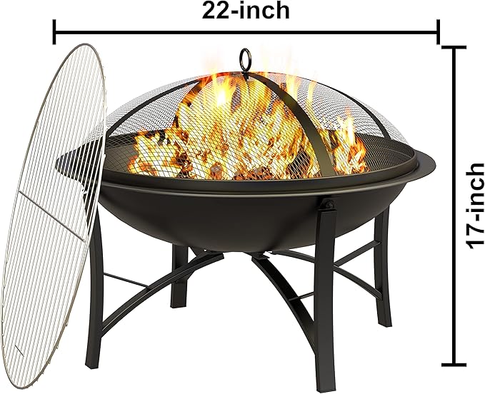 Fire Beauty Fire Pit for Outside Wood Burning,BBQ Grill Steel Fire Bowl with Cooking Grate,Spark Screen Cover,Log Grate,Poker for Camping Beach Bonfire Picnic Backyard Garden