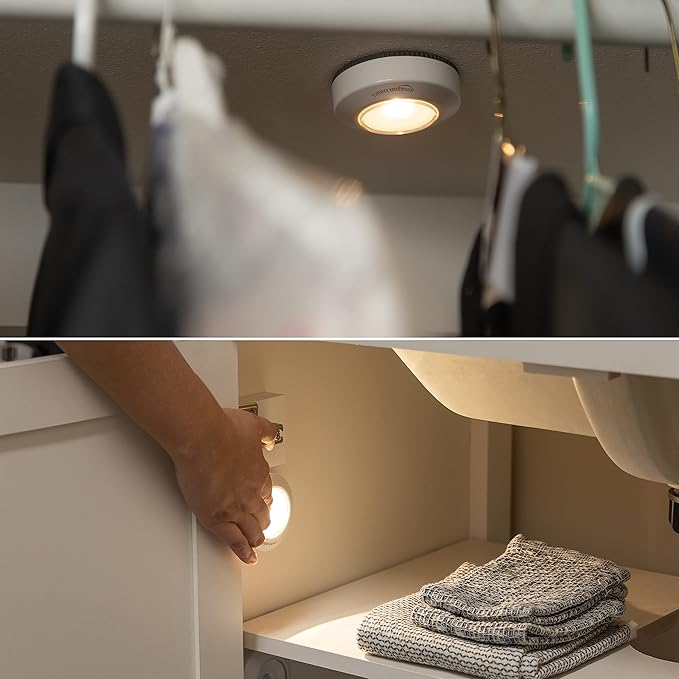 Amazon Basics LED Puck Lights, Battery Operated, 50 Lumens 2 Pack, Tap Light, Stick on Lights, Under Cabinet Lighting, Ideal for Kitchen Cabinets, Closets, Garage and More, White