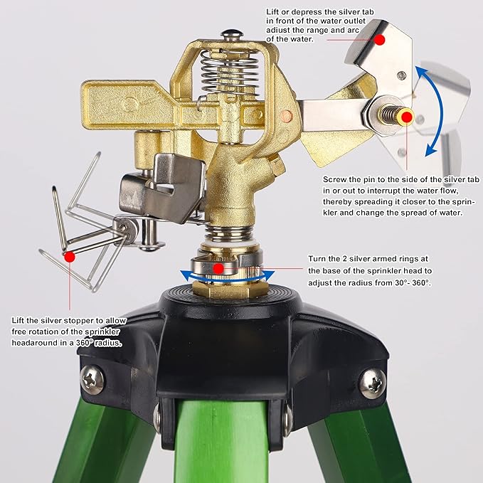 Biswing Impact Sprinkler Head on Tripod Base, Extends Up to 50 Inch Heavy Duty Lawn Sprinkler, 360 Degree Large Area Irrigation, Adjustable Coverage Brass Nozzle Alloy Metal Tower Sprinkler, 1 Pack
