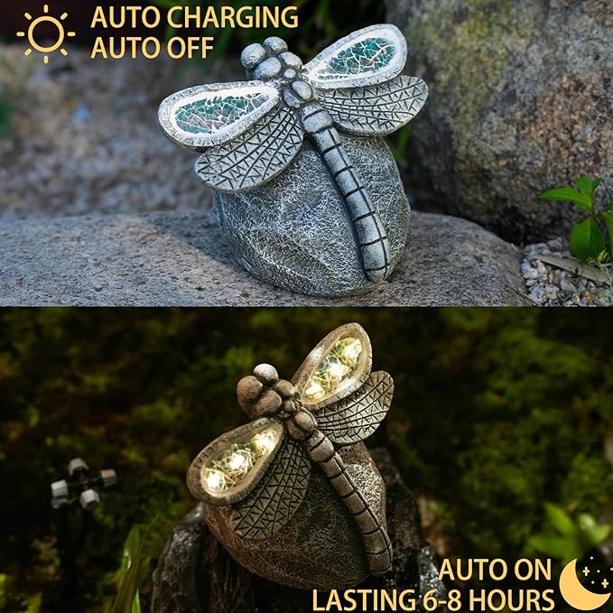 Garden Statue Dragonfly,Solar Dragonfly Decor for Outdoor,Resin Dragonflies Figurine with Solar Light for Patio,Balcony,Yard,Lawn Ornament,Perfect Garden Gift