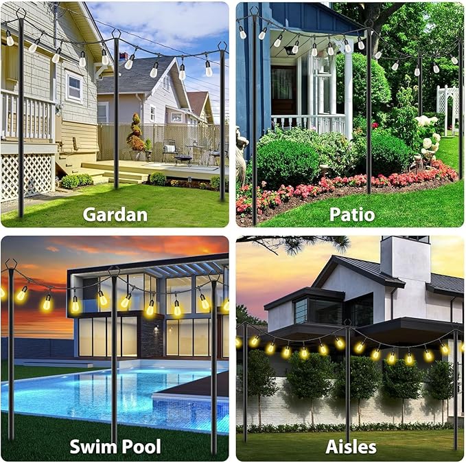 10Ft String Light Poles 2 Pack,Light Poles for Outside Lights,Outdoor with Fence Brackets Hanging Lights,Metal Stand Deck Patio Backyard