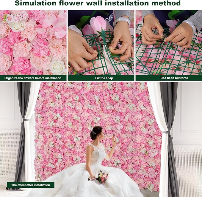 Flower Wall Backdrop 12 Piece of 16.5x16.5 Inch Floral Wall Panel Artificial Silk Rose Wall Decor Ideal for Wedding Celebrations, Festive Party Backdrops, and Home Decor-Pink