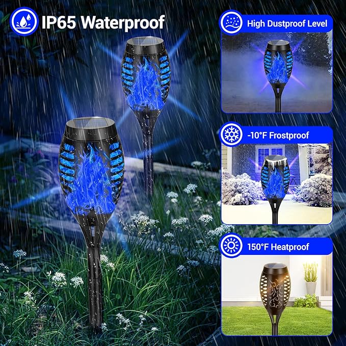 4 Pack Solar Torch Lights Outdoor Waterproof - Blue Flickering Flame, Outdoor Solar Garden Lights for Yard, Tiki Torches for Outside Patio Pathway Decorations