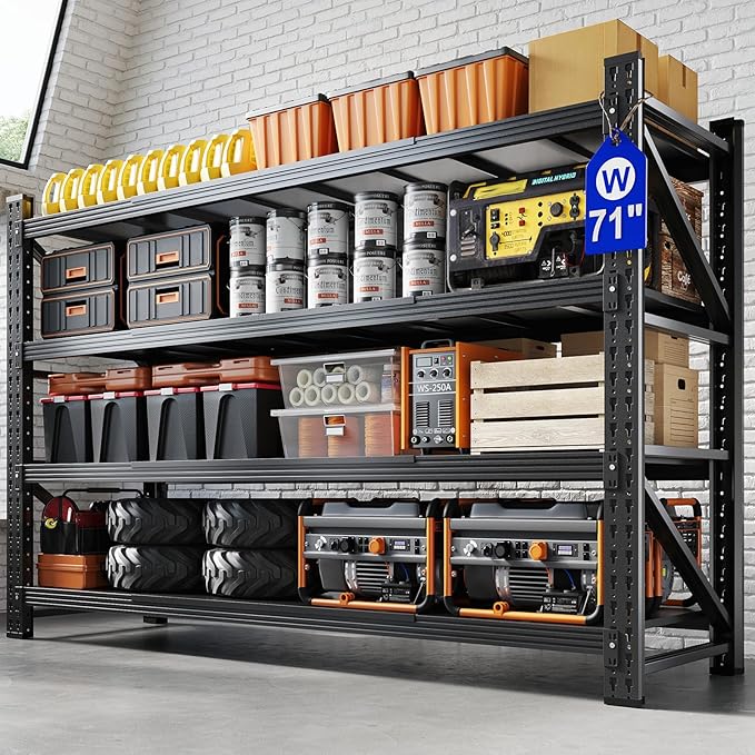 Yizosh 71" W Metal Garage Storage Shelves,5000LBS Heavy Duty 4-Shelf Adjustable Steel Organization Shelving,Utility Rack Shelf,71" W x 24" D x 69" H for Basement,Warehouse,Industrial