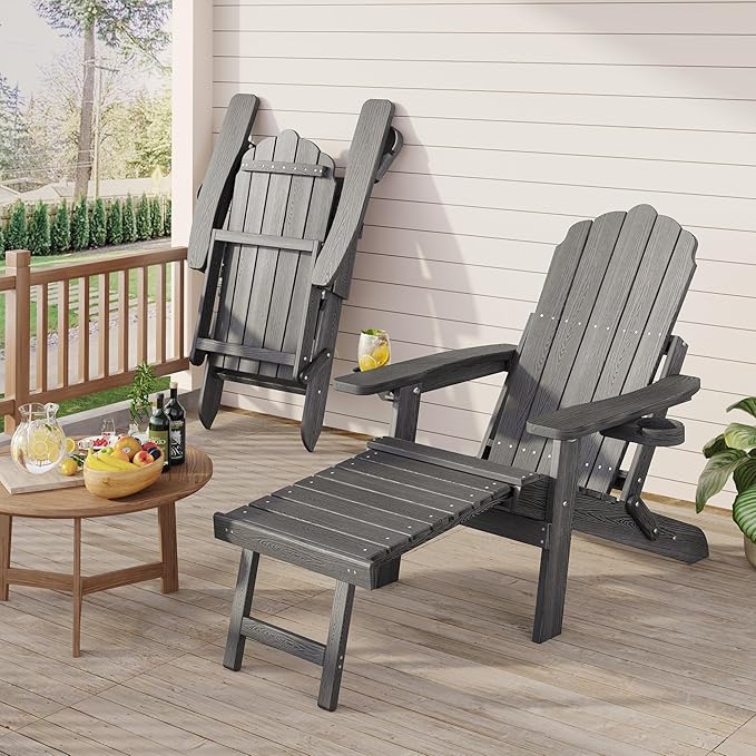 Folding Adirondack Chair Set of 4 with Adjustable Backrest, Adirondack Chair with Retractable Ottoman with 2 Cup Holders, for Pool Deck Beach Garden, Grey