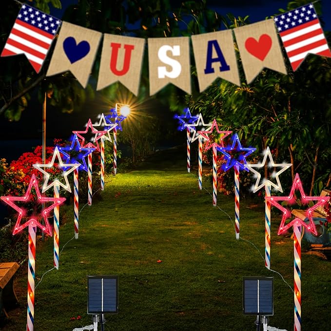 4th of July LED Big Star Pathway Lights Patriotic Lights Outdoor, for Memorial Day Independence Day Any Patriotic Decorations, 8 Mode Remote Control Solar Powered(2 Pack, 180 LED)