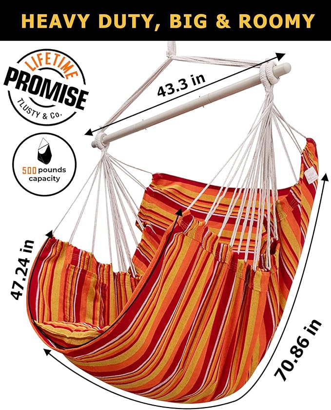 ADVOKAIR Hammock Chair Hanging Chair Rope Swing XXL - Max 500lbs, 70in Large Hammock Swing Chair -Portable Steel Spreader Bar with Anti-Slip Rings-Roomy & Strong