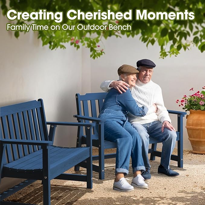 Ciokea 46" Heavy Duty Outdoor Bench Set of 2, HDPE Weatherproof Garden Bench, 2-Person Memorial Benches with 660 Lbs, Waterproof Patio Porch Benches for Outside Business Office Backyard, Navy Blue