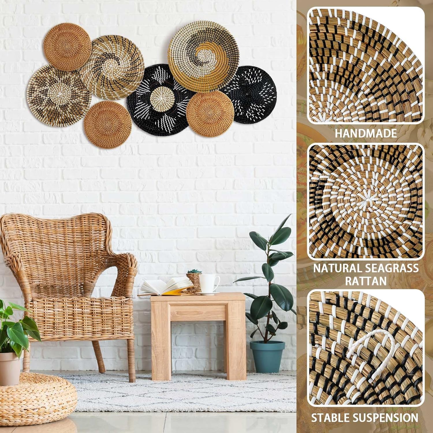 Xuhal Set of 8 Hanging Woven Wall Basket Handmade Decorative Rustic Boho Basket Decor Handcrafted Wicker Round Seagrass Wall Art for Home Kitchen Farmhouse Table Living Room(Vintage)