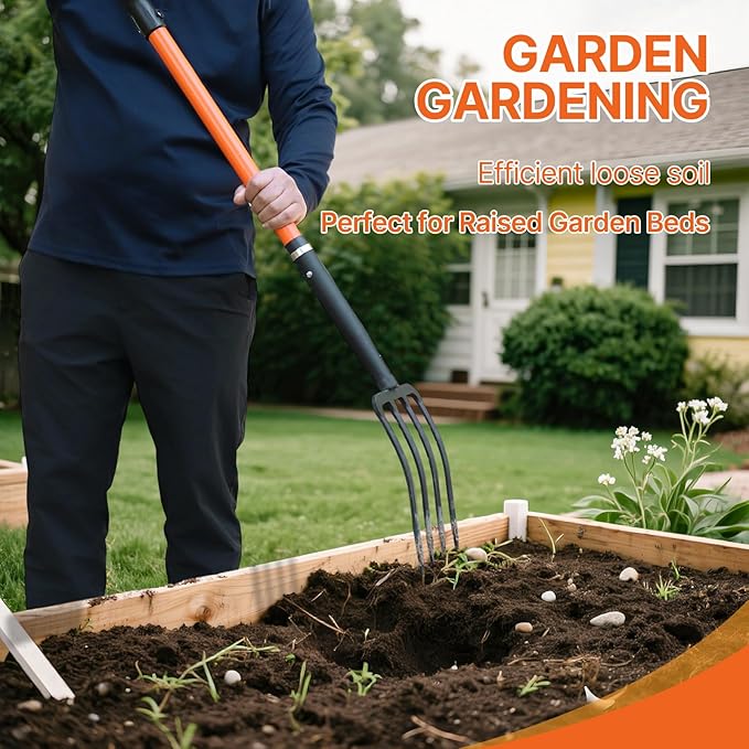 4-Tine Garden Fork,Heavy Duty Pitch Fork for Gardening,Digging Fork and Spading Fork for Loosening Soil,Compost Fork with Fiberglass Handle,45 Inch