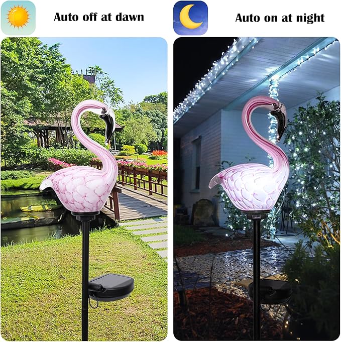 Afirst Solar Outdoor Lights Decorative - Solar Garden Stake Lights Flamingo Handblown Glass Garden Stakes Garden Pathway Lights Outdoor Waterproof Glass Stakes 4" W 2 Pack