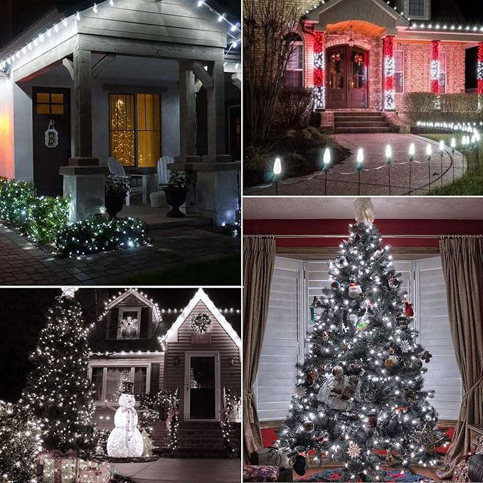 C7 Pure White LED Christmas Lights, 25Ft Vintage String Lights with 25+1 Plastic Bulbs, E12 Candelabra Base, Outdoor Retro Style Hanging Lights for Xmas Patio Fence Roofline Holiday Decorations