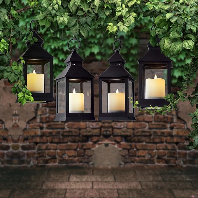 Vintage Lantern Decorative LED Flickering Flameless Candle with Timer, Battery Powered LED Decorative Hanging Lanterns for Indoor Outdoor Garden Yard Home Decor(4 Pack)