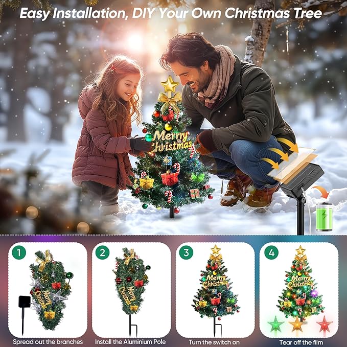 Christmas Tree Lights Outdoor Decorations: 2 Pack 72LED Artificial Small Christmas Tree, 8 Colorful Modes Solar Christmas Lights, Prelit Christmas Tree Lights with 34PCS Xmas Ornaments 6 Lighted Star