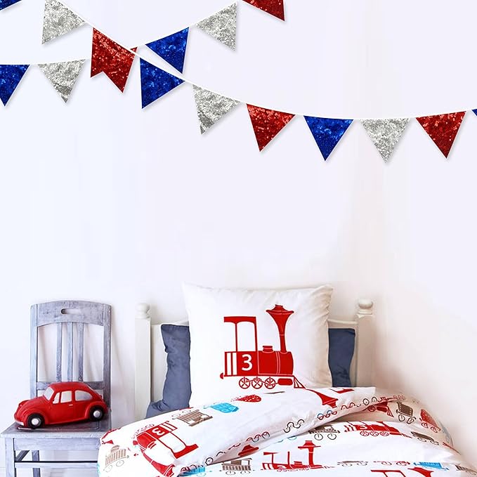 pinkblume Red Blue Silver Decorations Double Sided Sequin Fabric Triangle Pennant Banner Flag Bunting Garland for Nursery Classroom Home Bedroom Wall 4th of July American Veterans USA Holiday Decor