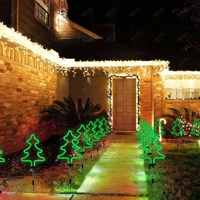 BlcTec Christmas Decorations Outdoor, 4PCS Neon Christmas Tree Shape Lights with Stainless Steel Stakes, 4 Xmas Tree Garden Lights with Waterproof for Garden Patio Yard Lawn Décor, Green
