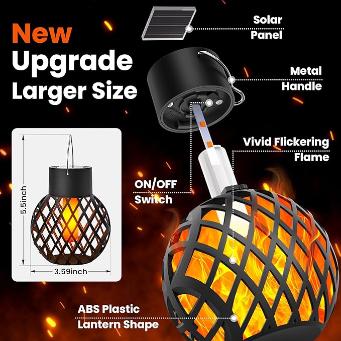 GIGALUMI Solar Lights Outdoor Waterproof,4 Pack Solar Hanging Lights with Flickering Flame,Outdoor Solar Lights for Yard,Patio,Tree,Camping,Christmas Decoration,New Upgraded Larger Lanterns