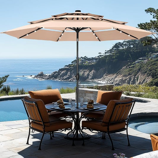 GREEN PARTY 10ft Outdoor Patio Umbrella, Auto-Tilt Market Table Umbrellas with Crank, 8 Sturdy Ribs & 1.5" Pole UV Protection for Garden Deck Backyard Pool