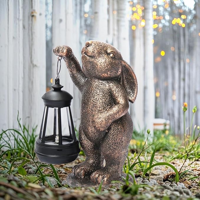 Garden Statues Rabbit with Solar Lantern,Lawn Garden Decor Outdoor Statue for Patio, Balcony, Yard Ornament,Ideal Rabbit Housewarming Gifts & Birthday Gifts for Grandma Mom Women