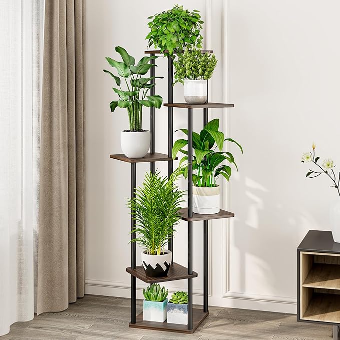 AZERPIAN Plant Stand 6 Tier Indoor Metal Flower Shelf for Multiple Plants Corner Tall Flower Holders for Patio Garden Living Room Balcony Bedroom, Black Oak