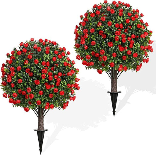 Artificial Rose Topiary Trees, 17 Inch UV-Resistant Red Flowers, Set of 2 with Ground Stakes, Indoor Outdoor Decorative Plants