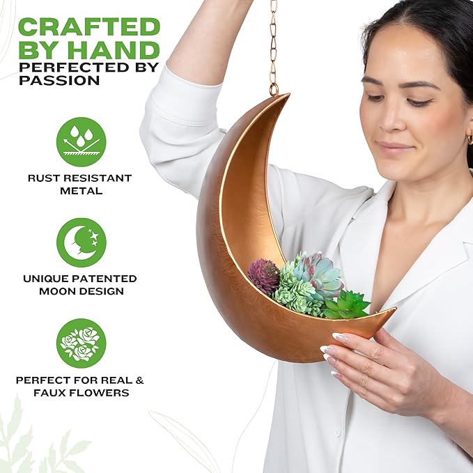 Gold Hanging Moon Planter – with Drain Holes - Moon Room Decor - Unique Planters for Succulents,Air Plant, Cactus, Artificial Plants- Plant Lover Gifts - Boho,Hippie, Birthdays,Witchy Gifts for Women