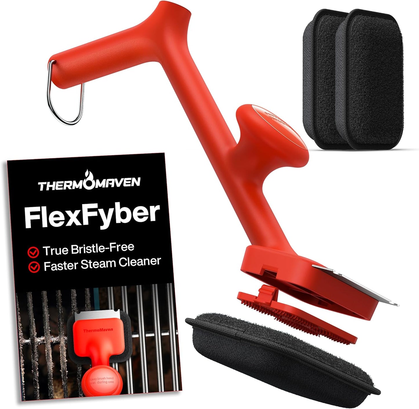 Grill Brush Bristle Free with 3 Replacement Brush Heads, Steam Grill Brush with Scraper, Non Metal Bristles for Cast Iron, Stainless-Steel Grates, Safe for Non-Stick Surface